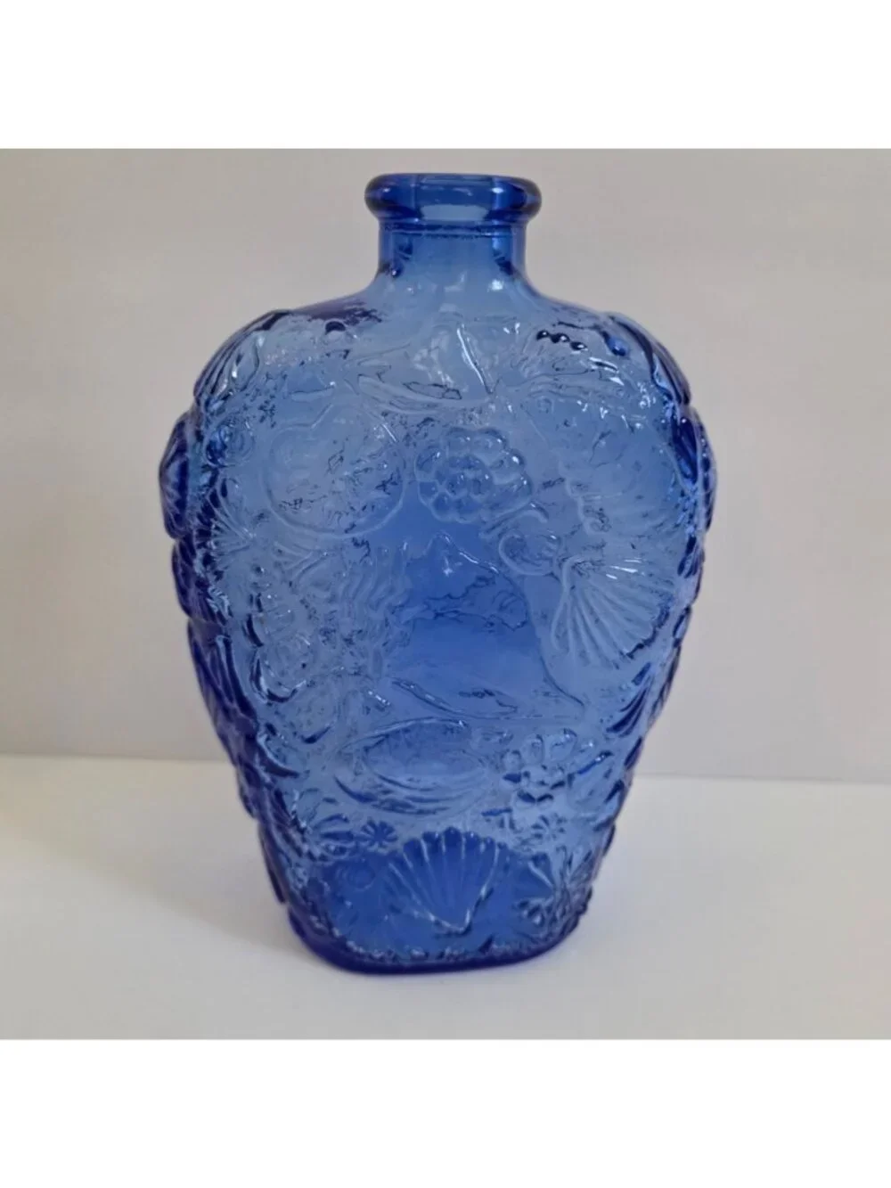 Blue Embossed Glass Vase Bottle With Seashell & Floral Design Coastal Décor